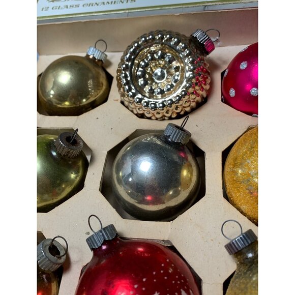 Vintage Shiny Brite 12 Glass Christmas Ornaments Gold Red Blue Silver Polka Dots - Picture 5 of 11